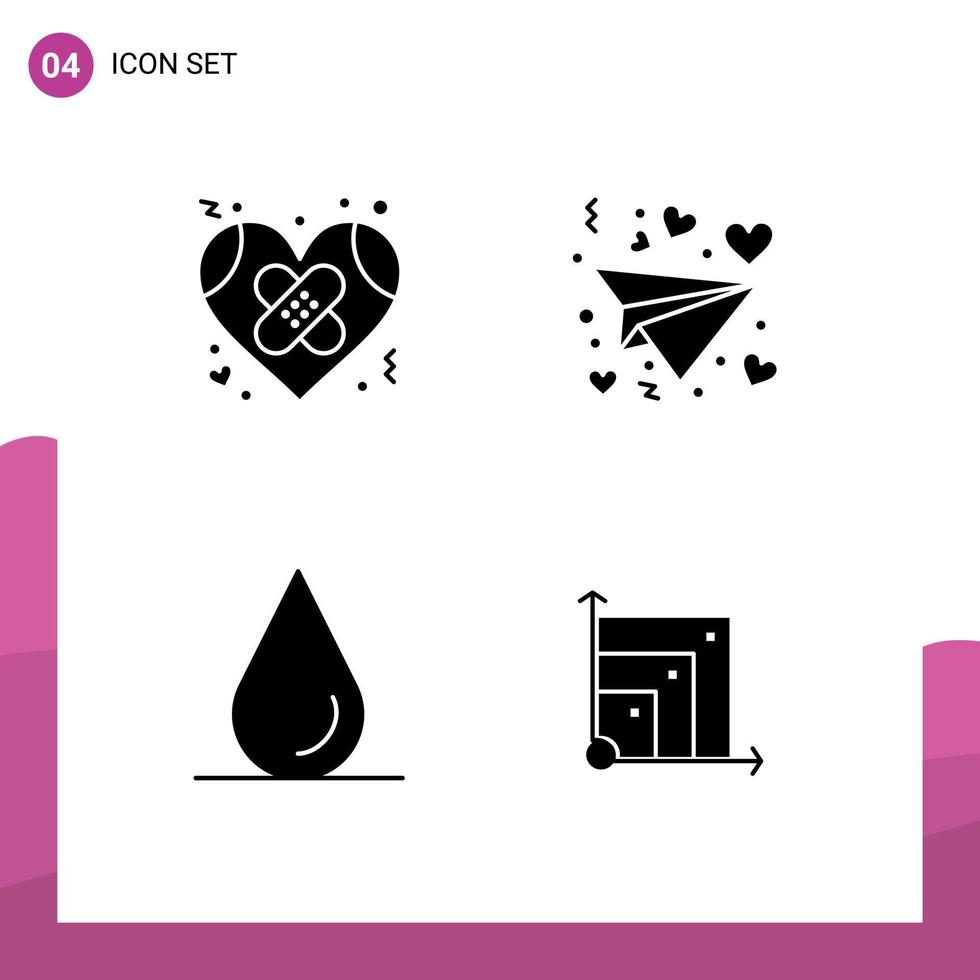 conjunto moderno de 4 pictogramas de glifos sólidos de vendaje agua corazón sistema de amor elementos de diseño vectorial editables vector