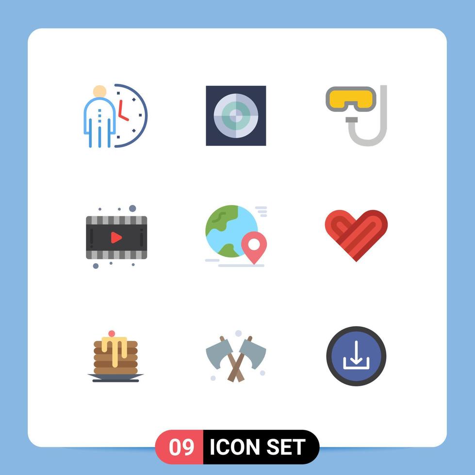 9 Thematic Vector Flat Colors and Editable Symbols of pin globe beach video film Editable Vector Design Elements