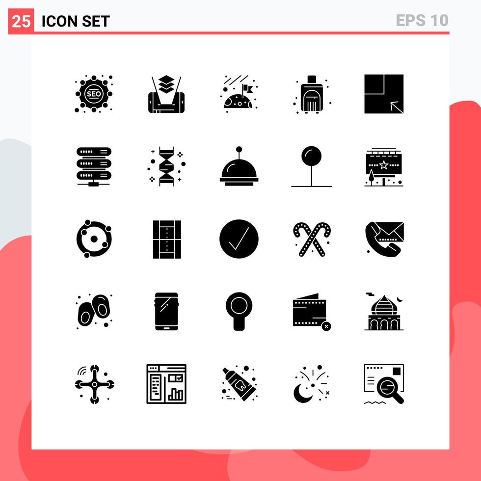 25 Thematic Vector Solid Glyphs and Editable Symbols of data view space turn travel bag Editable Vector Design Elements