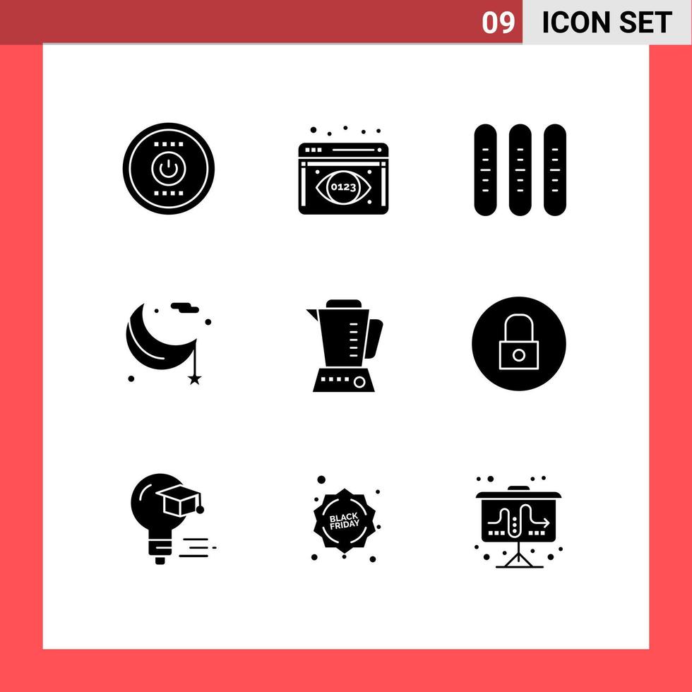 Pictogram Set of 9 Simple Solid Glyphs of blender night event lunar moon Editable Vector Design Elements