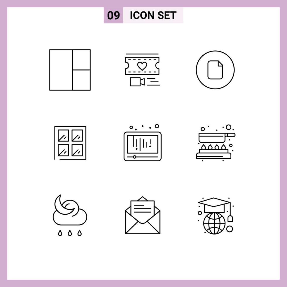 Mobile Interface Outline Set of 9 Pictograms of social media play basic media building Editable Vector Design Elements