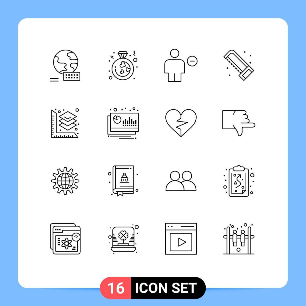 Outline Pack of 16 Universal Symbols of printing saw body plumbing mechanical Editable Vector Design Elements