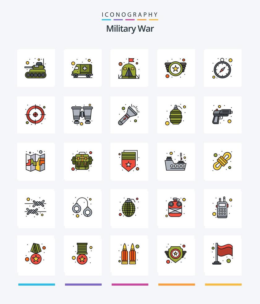 Creative Military War 25 Line FIlled icon pack  Such As time optimization. military. army. military. army vector