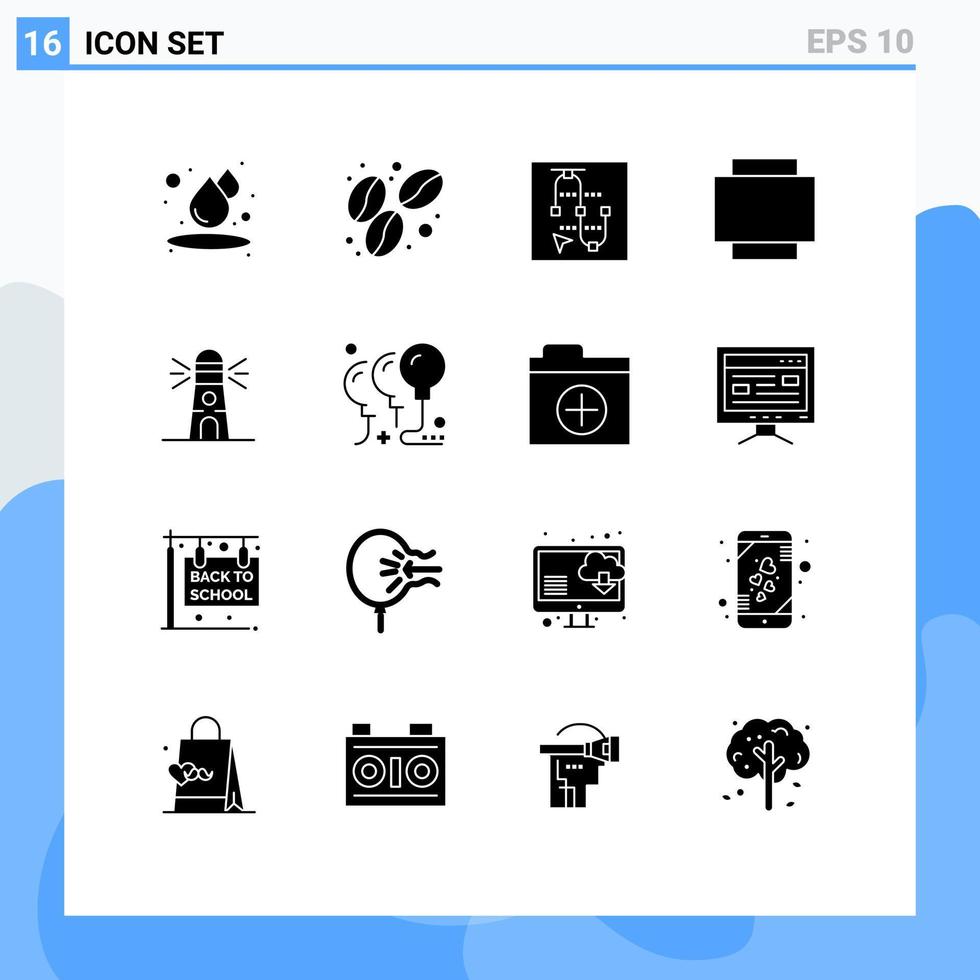 Mobile Interface Solid Glyph Set of 16 Pictograms of birthday house vector navigation lighthouse Editable Vector Design Elements