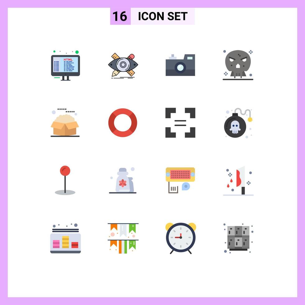 conjunto de pictogramas de 16 colores planos simples de cráneo herramientas de muerte huesos cámara retro paquete editable de elementos de diseño de vectores creativos