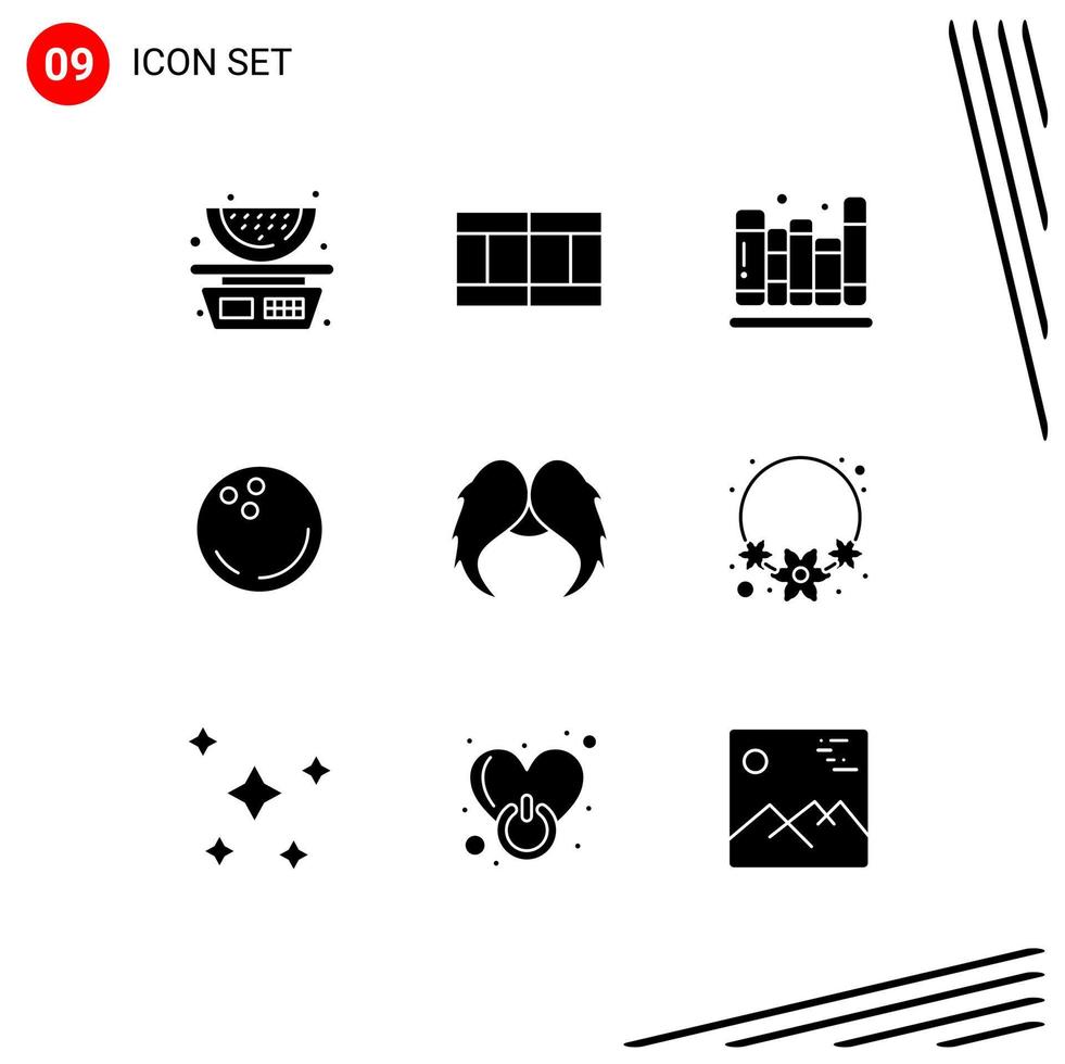 Modern Set of 9 Solid Glyphs Pictograph of movember moustache books strike bowling Editable Vector Design Elements