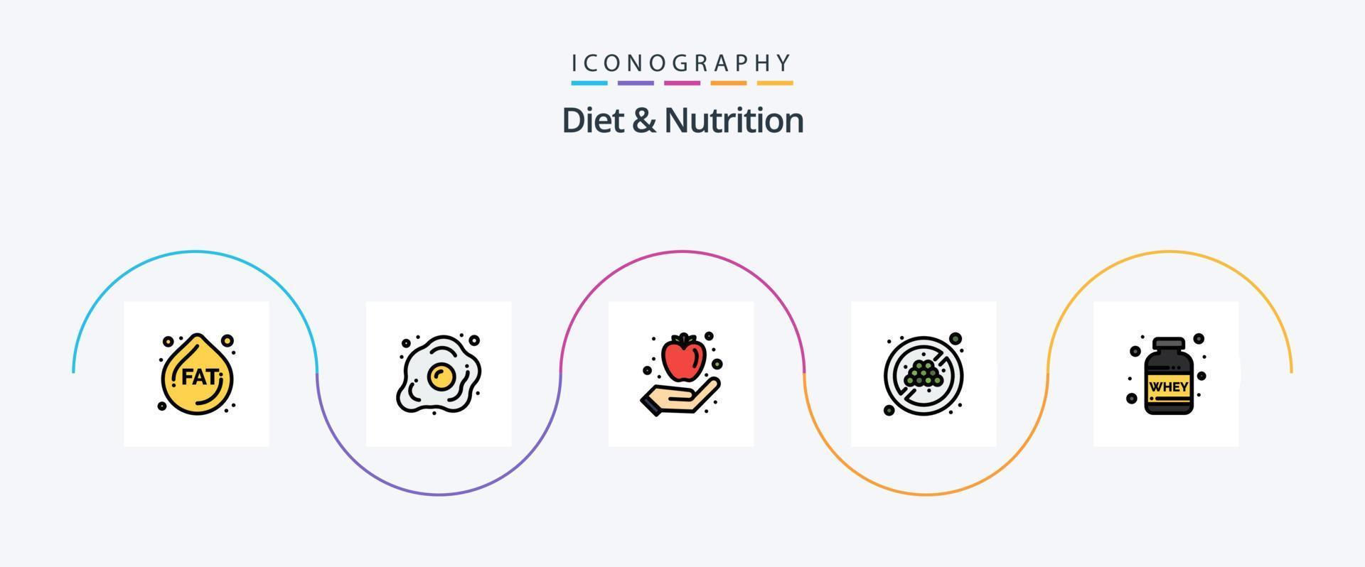 la línea de dieta y nutrición llenó el paquete de iconos planos 5 que incluye el peso. nutrición. manzana. orgánico. sin dieta vector