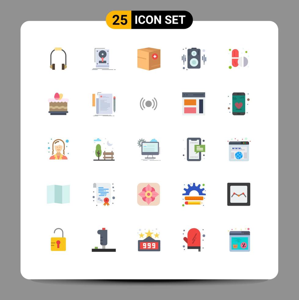 Mobile Interface Flat Color Set of 25 Pictograms of medicine loudspeaker upload audio e Editable Vector Design Elements