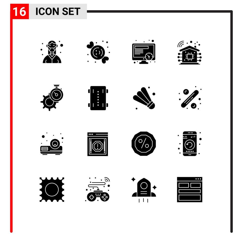 Solid Glyph Pack of 16 Universal Symbols of gear timer sweets technology intelligent Editable Vector Design Elements