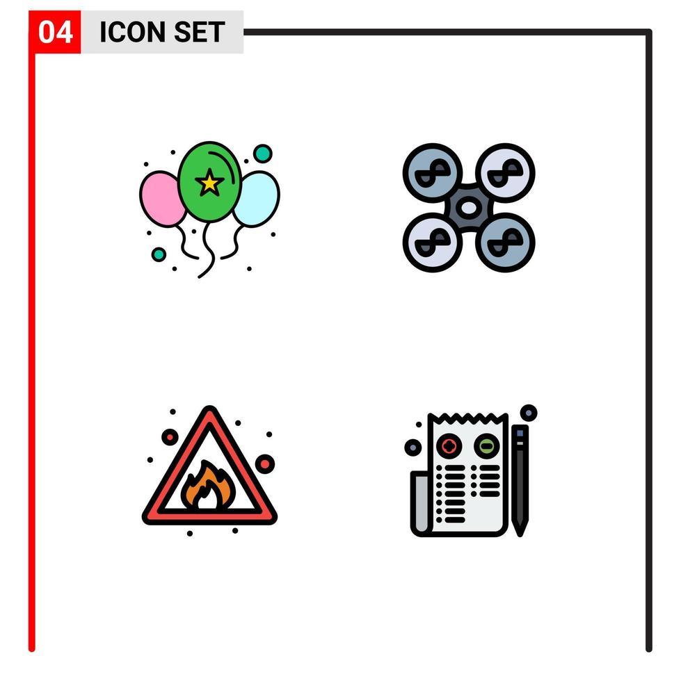 Universal Icon Symbols Group of 4 Modern Filledline Flat Colors of balloons fire day quad copter sign Editable Vector Design Elements