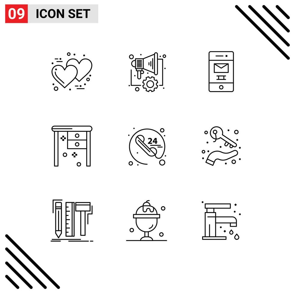 Group of 9 Outlines Signs and Symbols for call working desk deleted office desk desk Editable Vector Design Elements