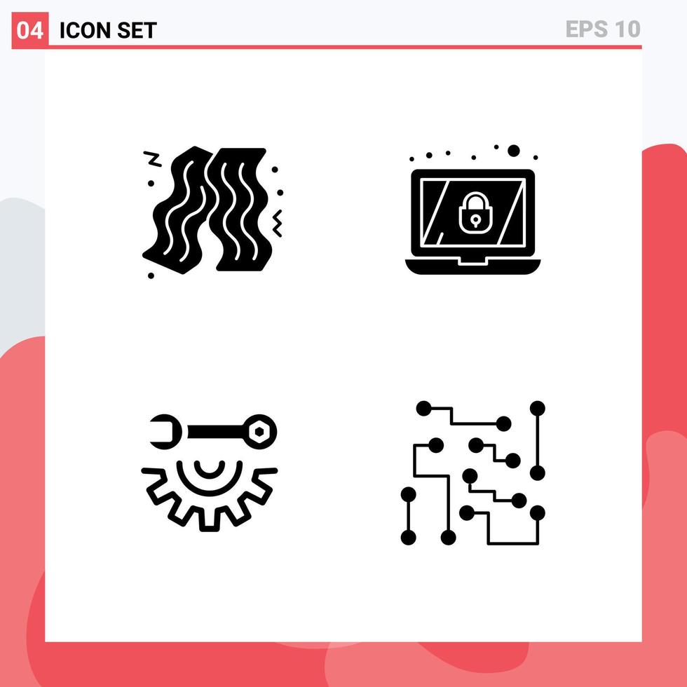 Set of 4 Modern UI Icons Symbols Signs for bacon repair encryption wrench wheel circuitry Editable Vector Design Elements