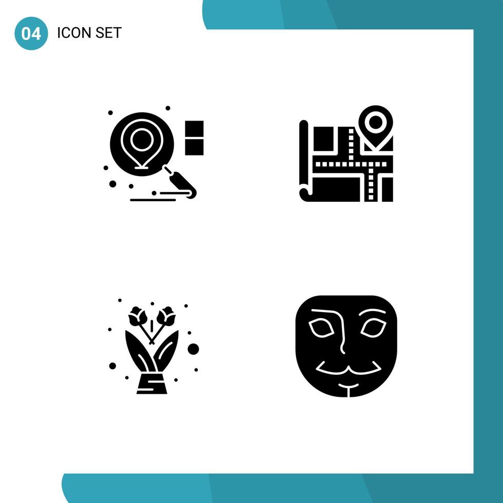 Pack of 4 Modern Solid Glyphs Signs and Symbols for Web Print Media such as location anonymous map flower mask Editable Vector Design Elements