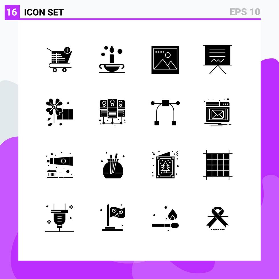 Modern Set of 16 Solid Glyphs Pictograph of flower presentation image education board Editable Vector Design Elements