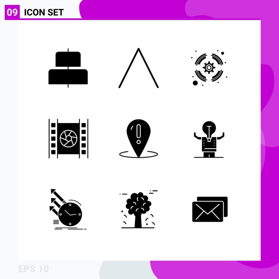 Pictogram Set of 9 Simple Solid Glyphs of point location support help movie Editable Vector Design Elements