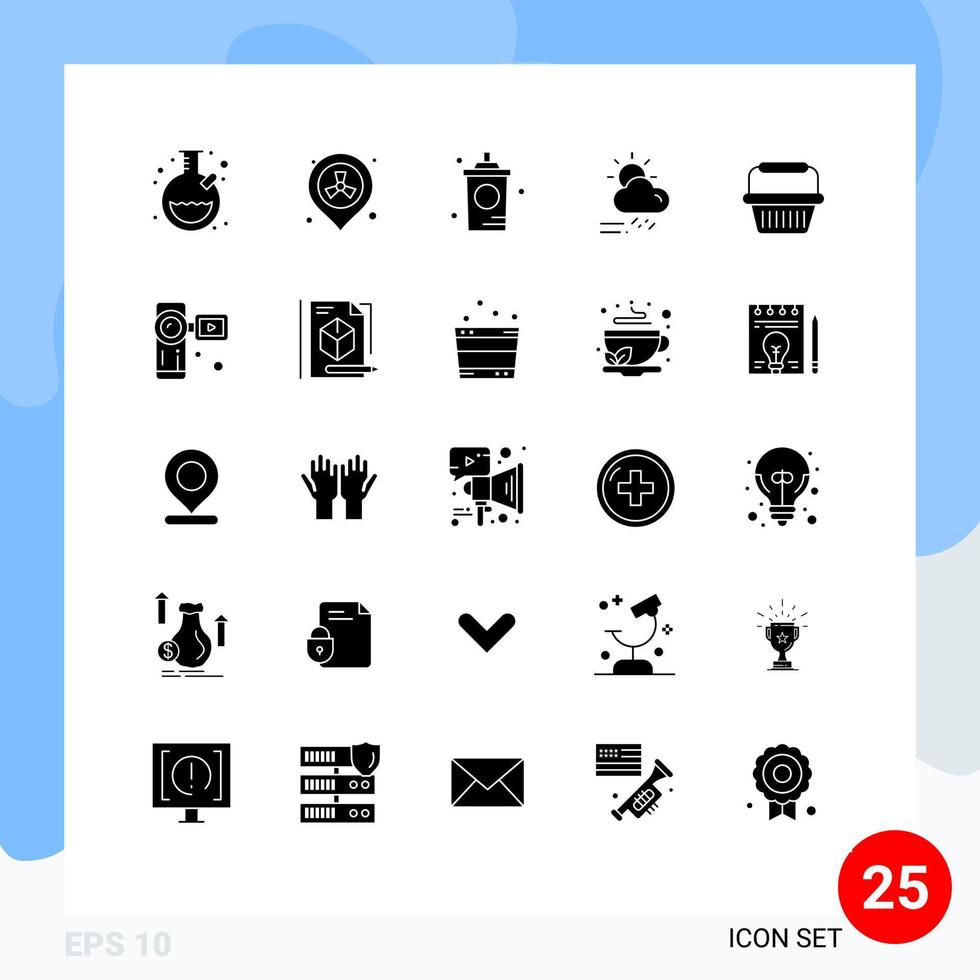 25 User Interface Solid Glyph Pack of modern Signs and Symbols of basket season drink rainy cloud Editable Vector Design Elements