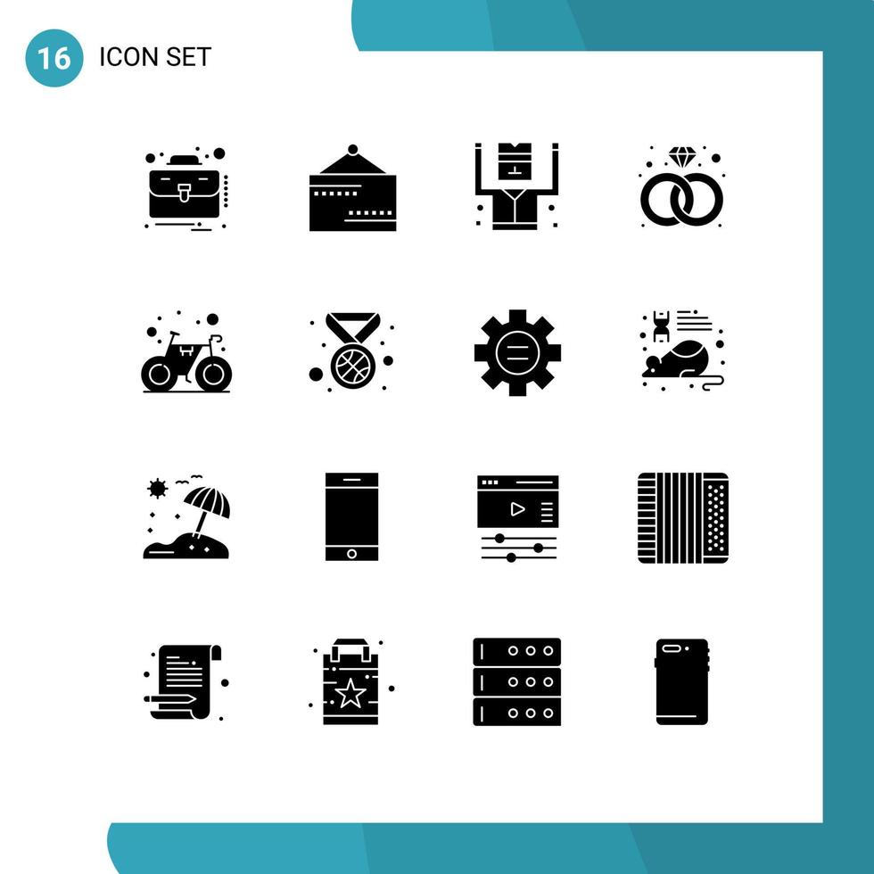 grupo de 16 signos y símbolos de glifos sólidos para elementos de diseño de vectores editables de diamantes de anillo arrestado de bicicleta de ciclo