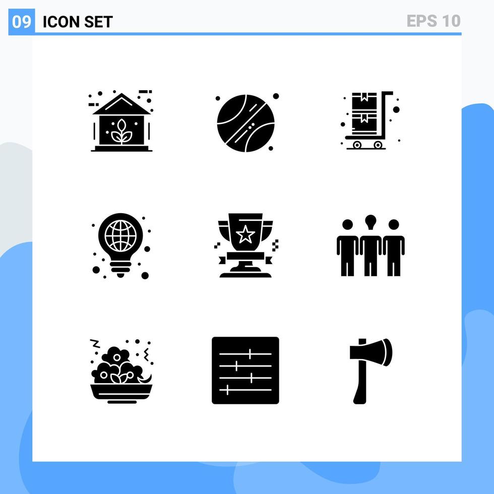 Set of 9 Vector Solid Glyphs on Grid for win award shopping cart pen globe Editable Vector Design Elements