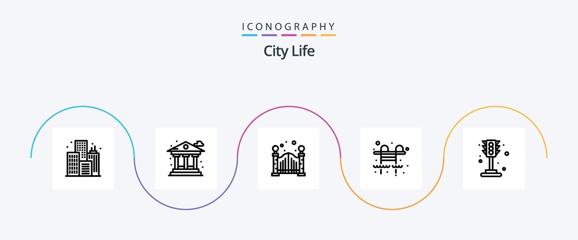 paquete de iconos de la línea de vida de la ciudad 5 que incluye. tráfico. vida. vida. piscina vector