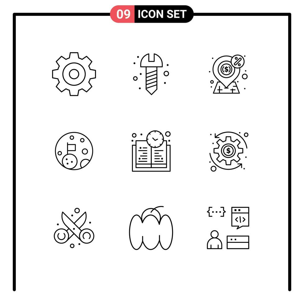 User Interface Pack of 9 Basic Outlines of learning time book time money planet flag Editable Vector Design Elements