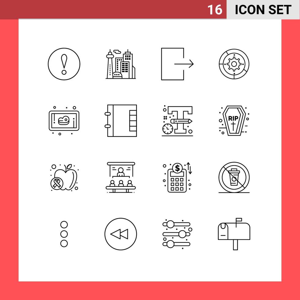 Pictogram Set of 16 Simple Outlines of steak beef exit process setup Editable Vector Design Elements