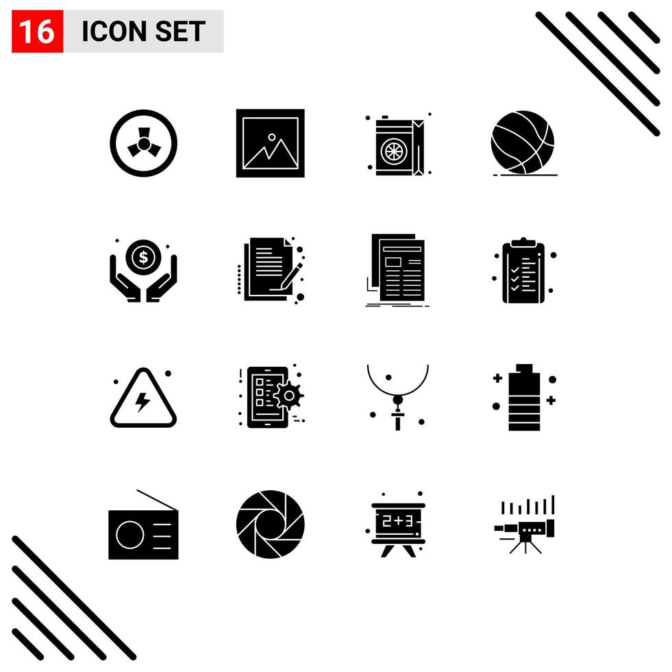 16 Thematic Vector Solid Glyphs and Editable Symbols of money business juice basket ball play Editable Vector Design Elements