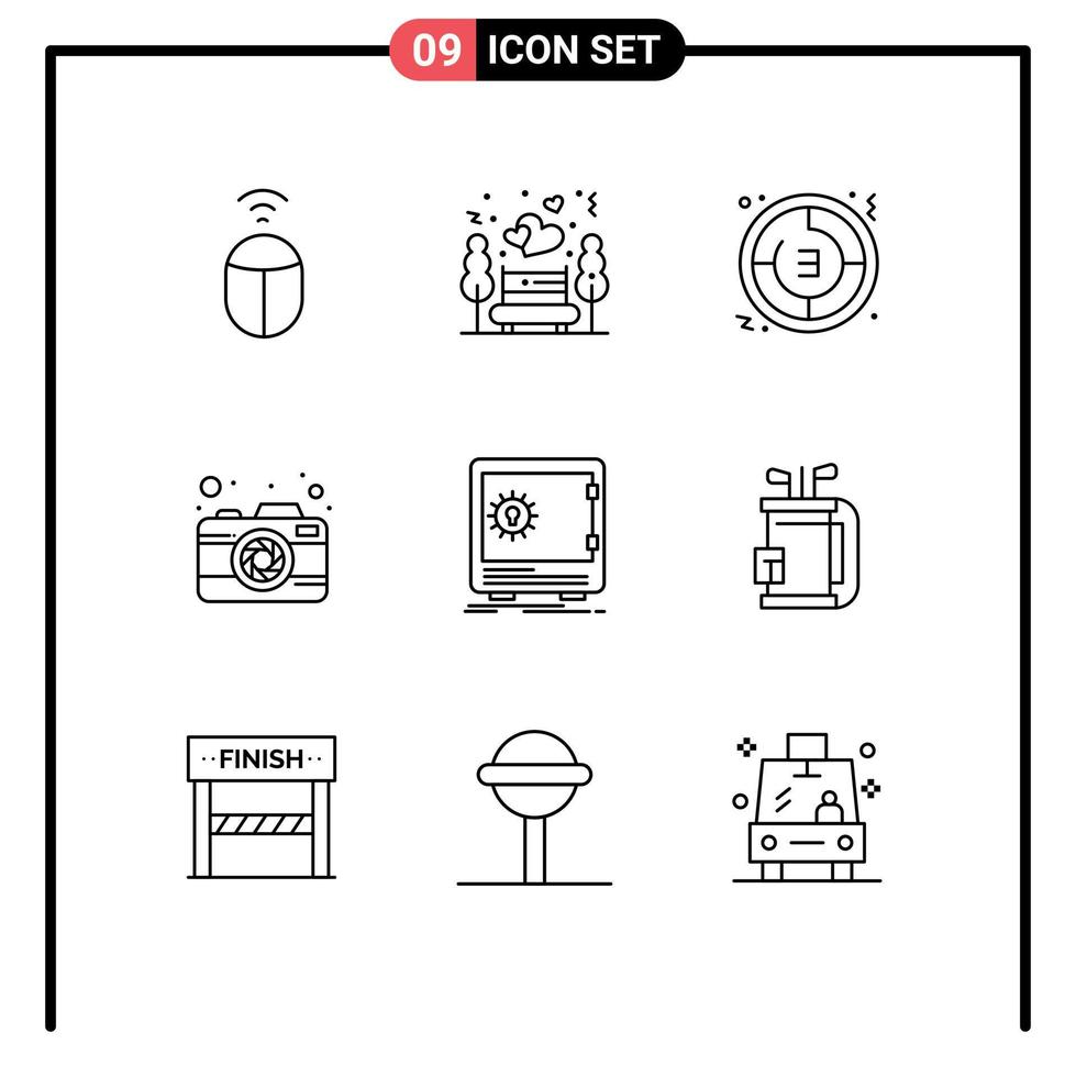 9 User Interface Outline Pack of modern Signs and Symbols of deposit capture timer picture camera Editable Vector Design Elements