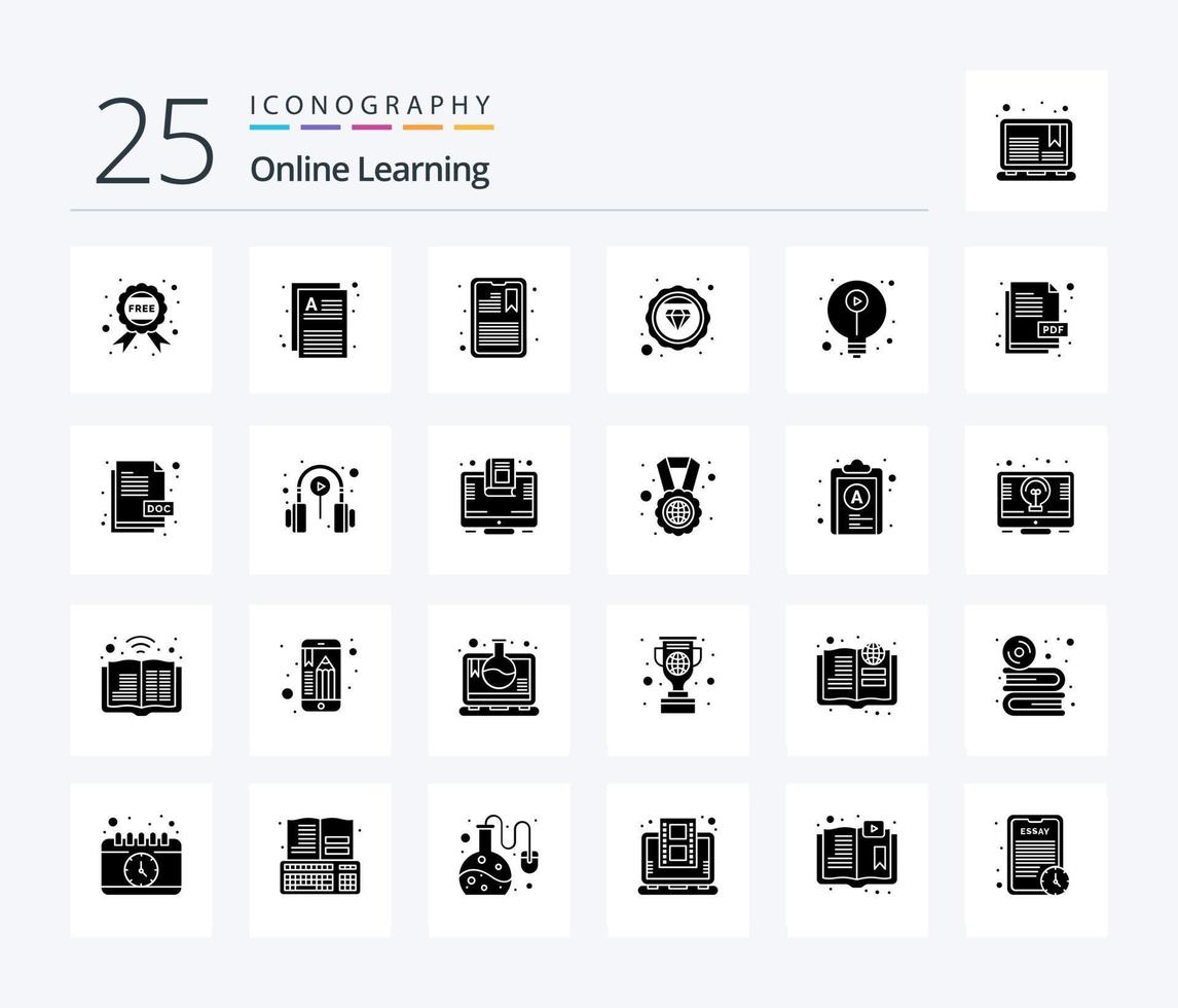 paquete de iconos de 25 glifos sólidos de aprendizaje en línea que incluye aprendizaje electrónico. insignia. atención. estudiar. diamante vector