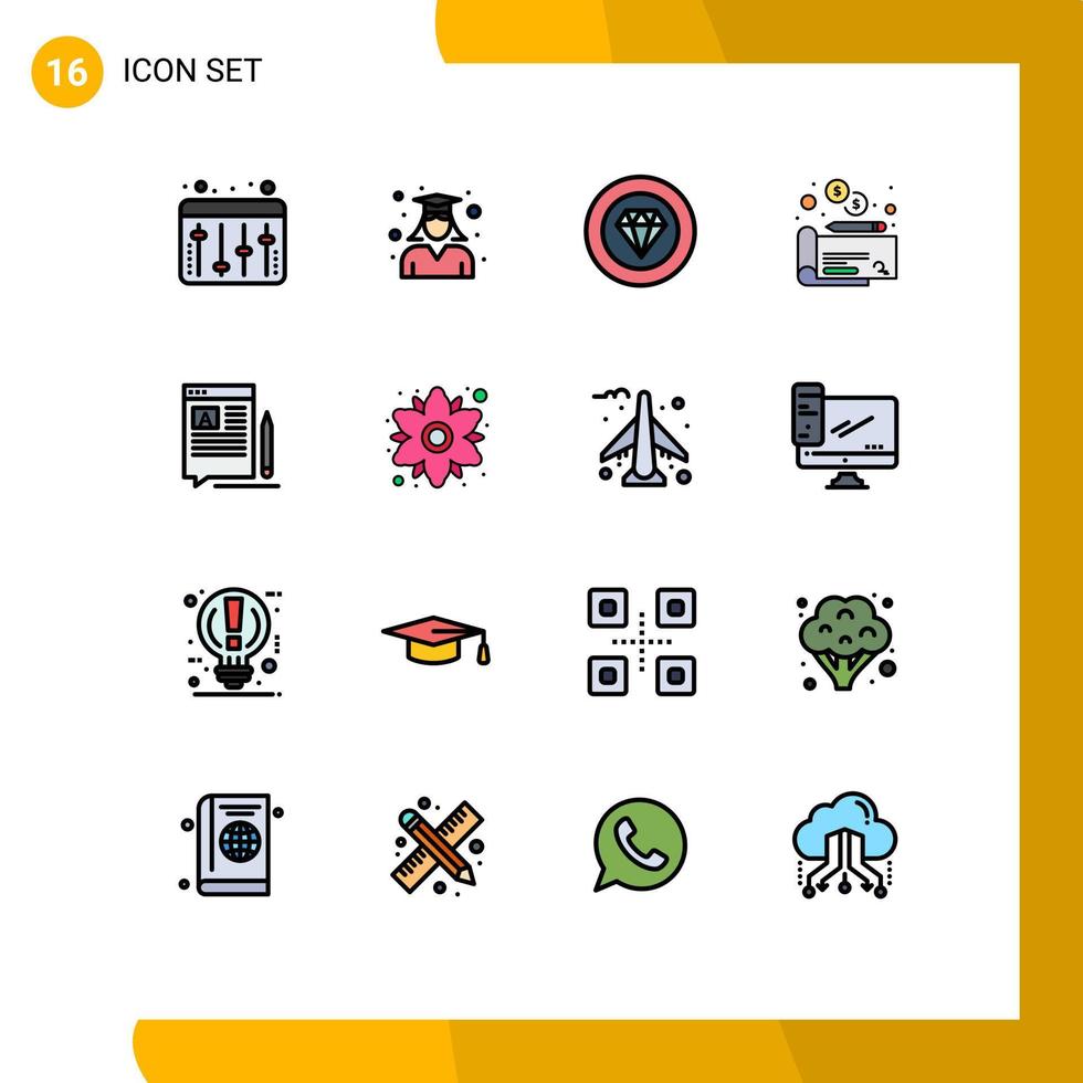 Mobile Interface Flat Color Filled Line Set of 16 Pictograms of edit blog achievements payment cheaque Editable Creative Vector Design Elements