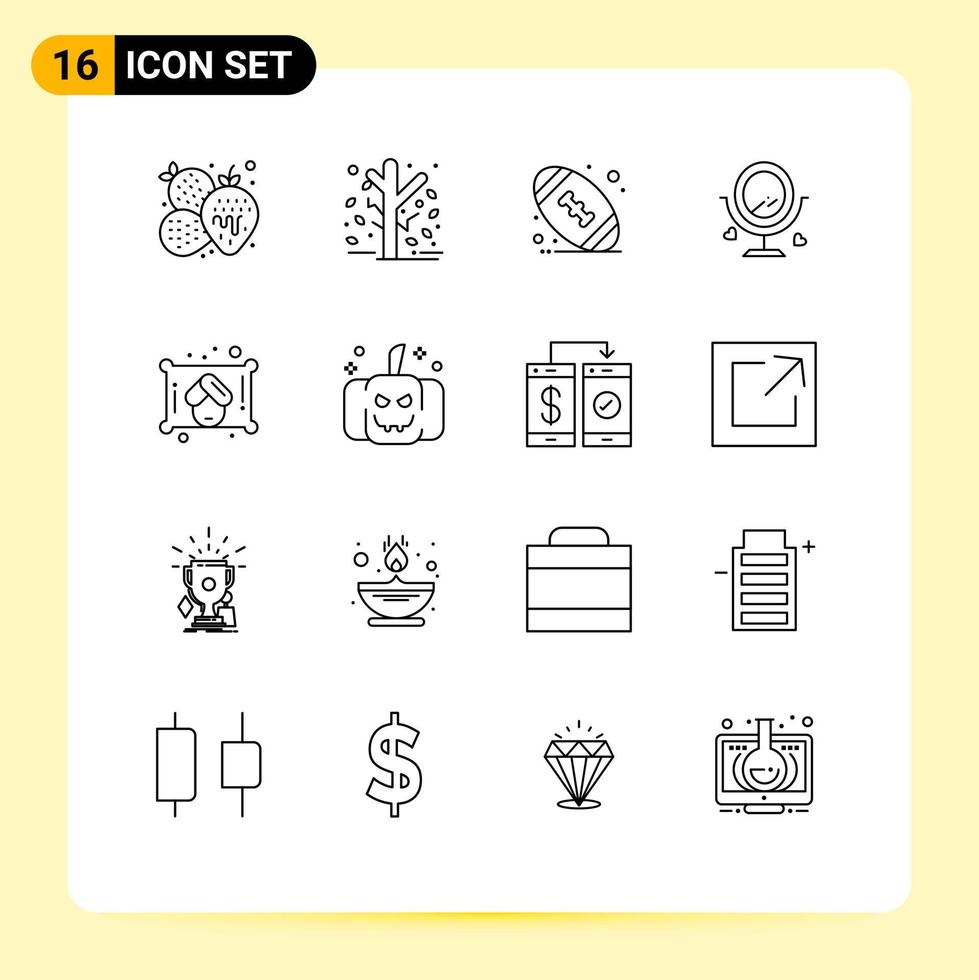 Pack of 16 Modern Outlines Signs and Symbols for Web Print Media such as towel heard tree wedding merroir Editable Vector Design Elements