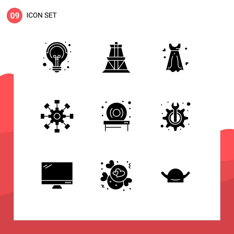 Set of 9 Commercial Solid Glyphs pack for disk network dress collaboration business Editable Vector Design Elements