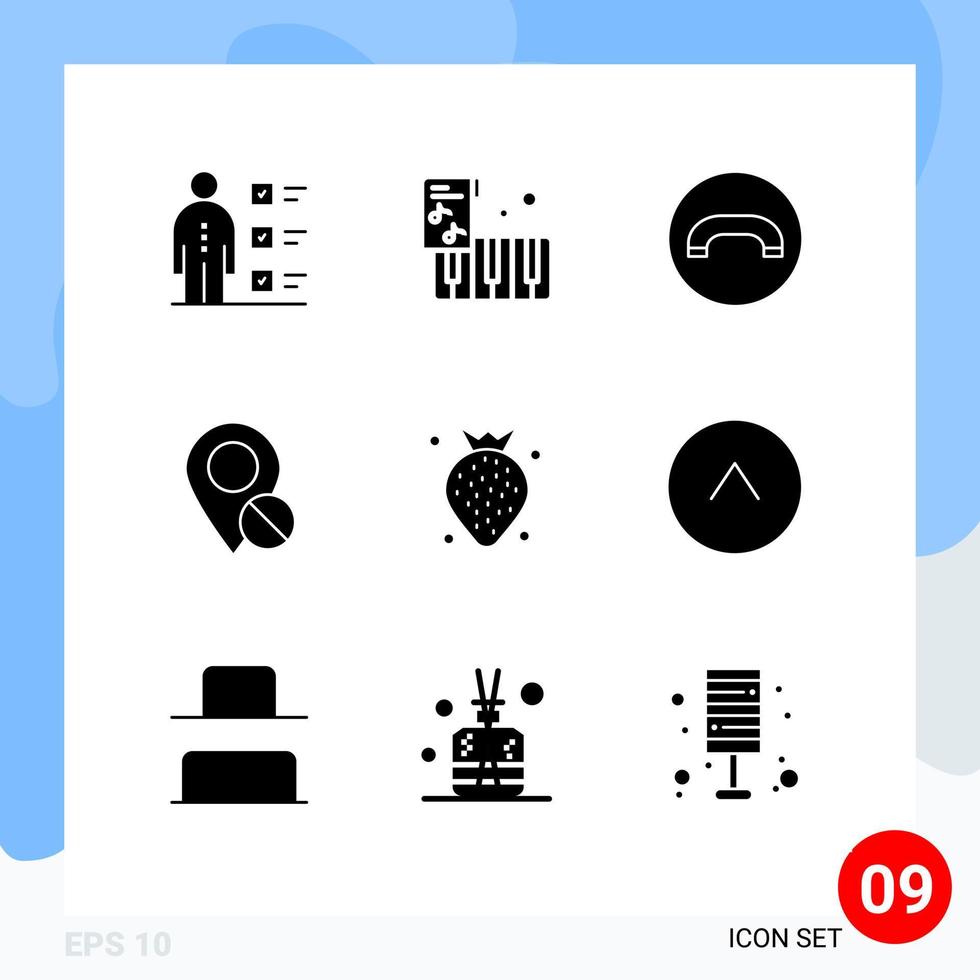 9 Thematic Vector Solid Glyphs and Editable Symbols of food medical decline pin map Editable Vector Design Elements