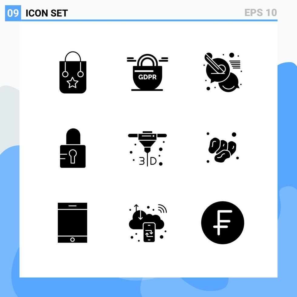 Set of 9 Commercial Solid Glyphs pack for direct metal laser sintering printing call school lock Editable Vector Design Elements