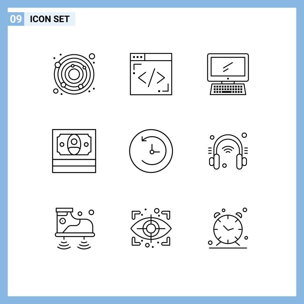 Pack of 9 creative Outlines of headphone clock device backup finance Editable Vector Design Elements