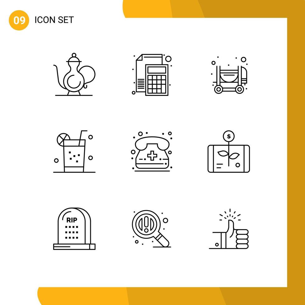 Pack of 9 creative Outlines of call juice math healthy mixer Editable Vector Design Elements