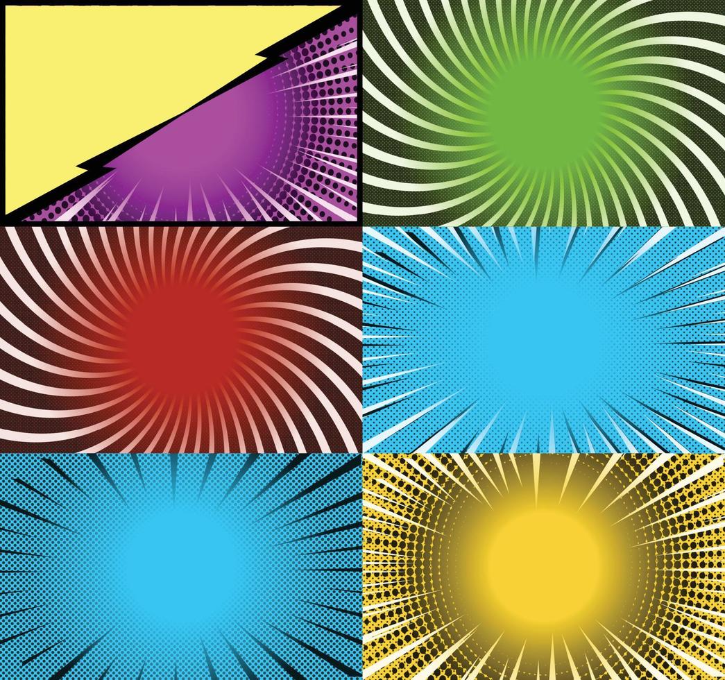 Comic book colorful frames background with halftone rays radial and dotted effects pop art style vector