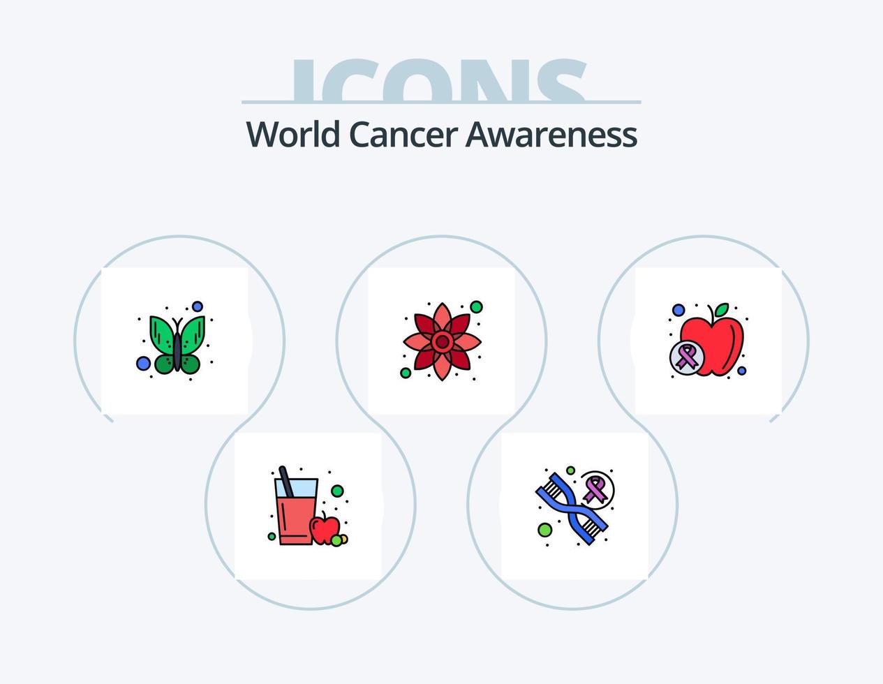 línea de concientización sobre el cáncer mundial lleno de icono paquete 5 diseño de icono. cáncer. proteger. genética. flecha. verde vector