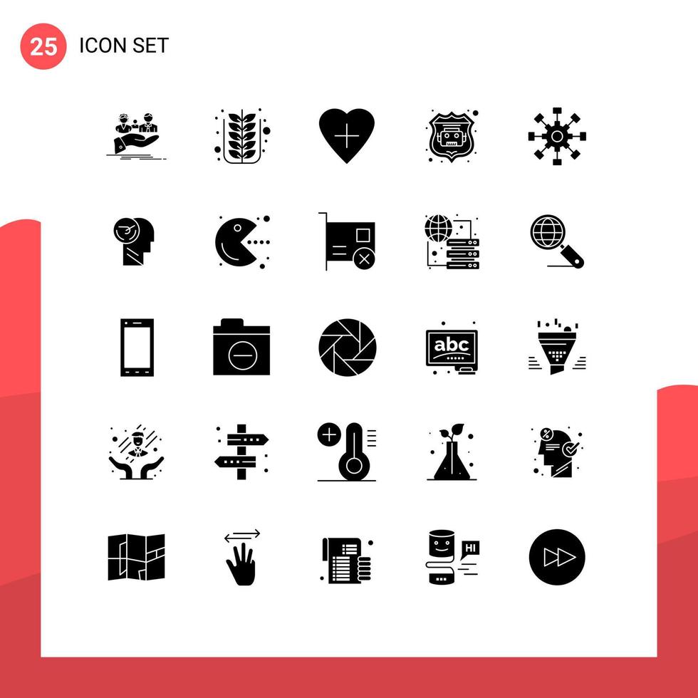 Pack of 25 creative Solid Glyphs of cogwheel web nature robot database human heart Editable Vector Design Elements