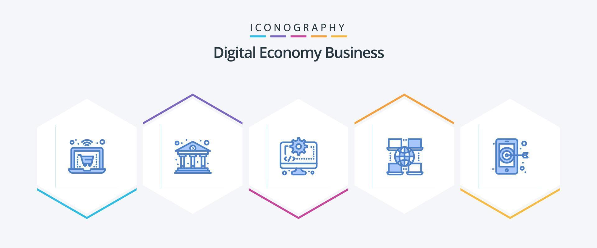 paquete de 25 íconos azules de negocios de economía digital que incluye . objetivo. codificación. digital. digital vector