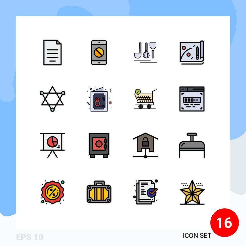 símbolos de iconos universales grupo de 16 líneas de espacio llenas de colores planos modernos figura cubertería logro de marketing elementos de diseño de vectores creativos editables