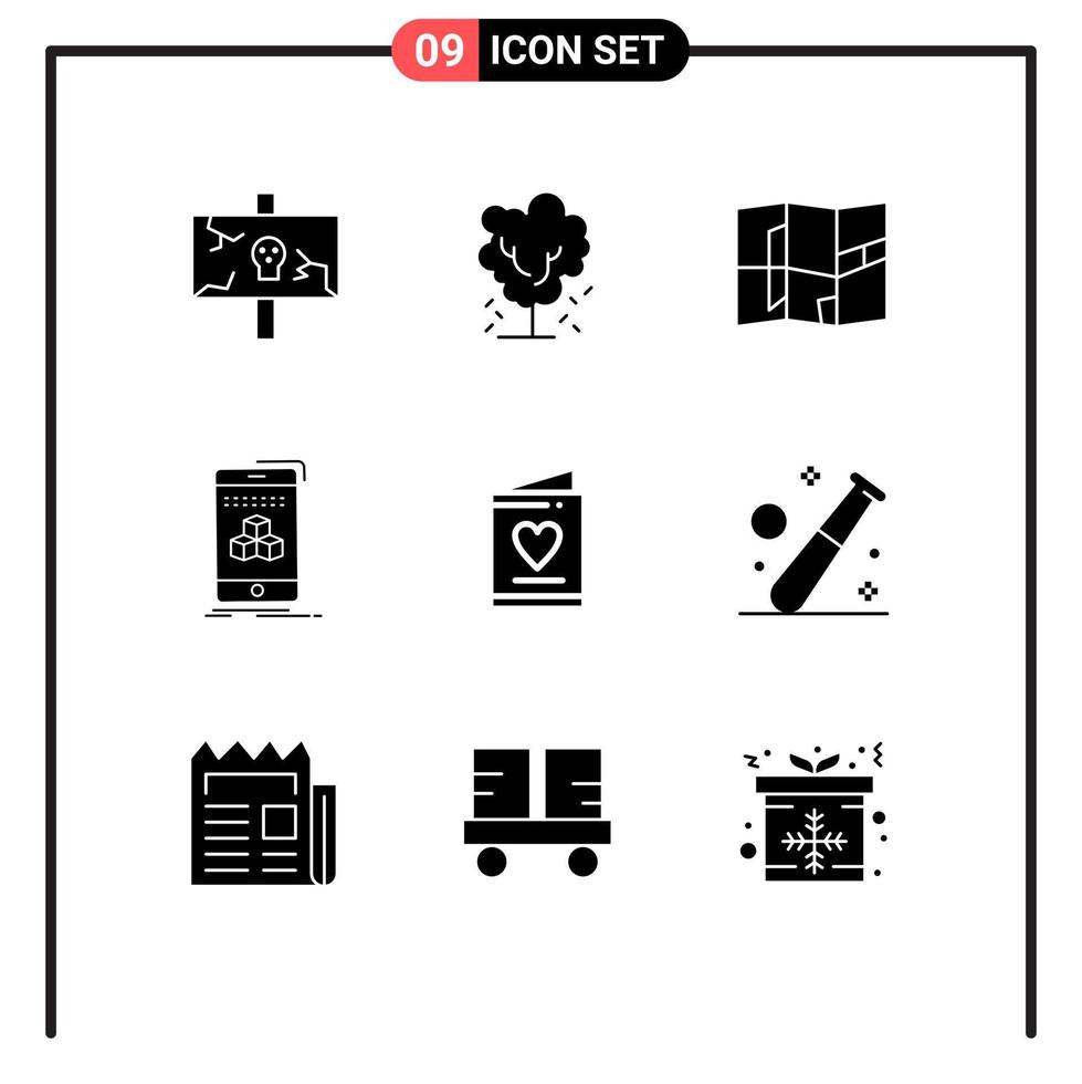 Universal Icon Symbols Group of 9 Modern Solid Glyphs of card smartphone nature cube place Editable Vector Design Elements