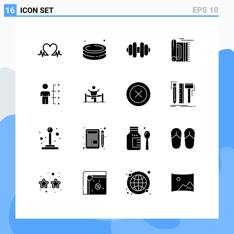 Solid Glyph Pack of 16 Universal Symbols of employee skills dumbbell namaz rug Editable Vector Design Elements