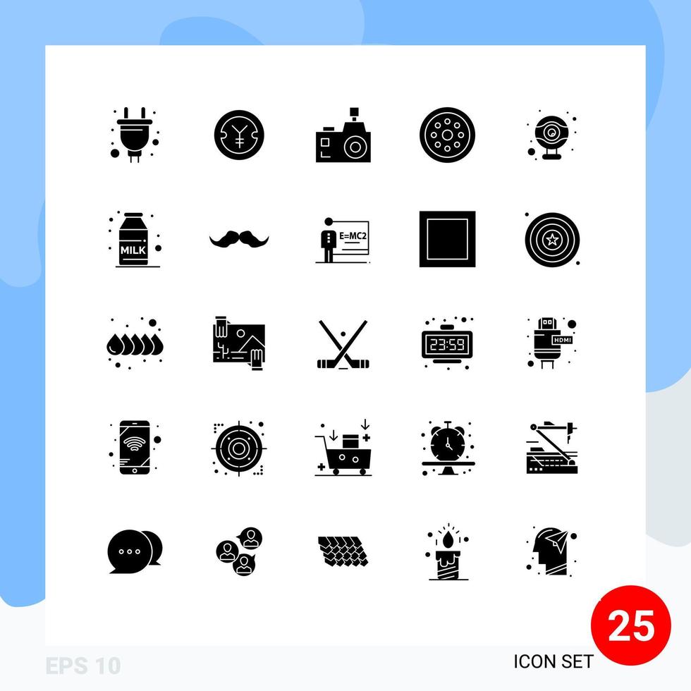 Pack of 25 creative Solid Glyphs of smart protection camera locked photography Editable Vector Design Elements