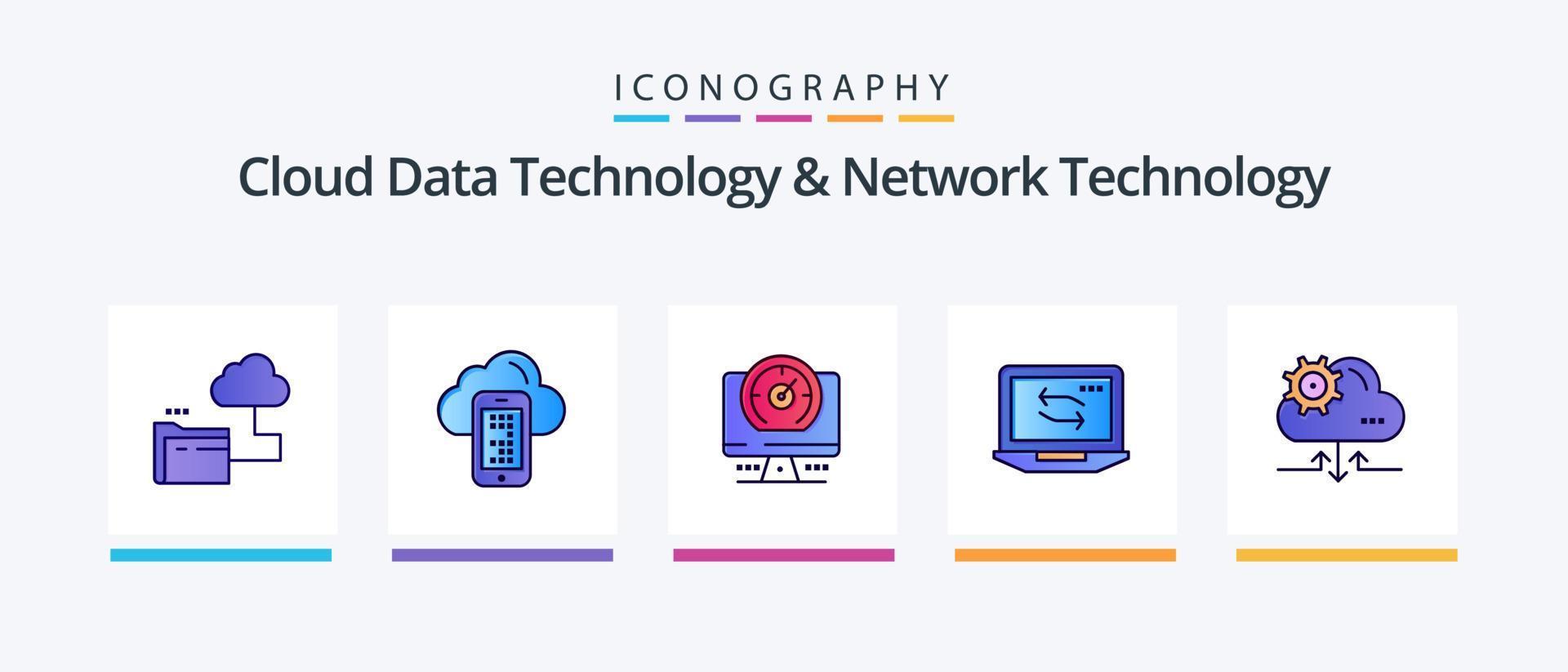 Cloud Data Technology And Network Technology Line Filled 5 Icon Pack Including hardware. network. browser . computer. mobile. Creative Icons Design vector