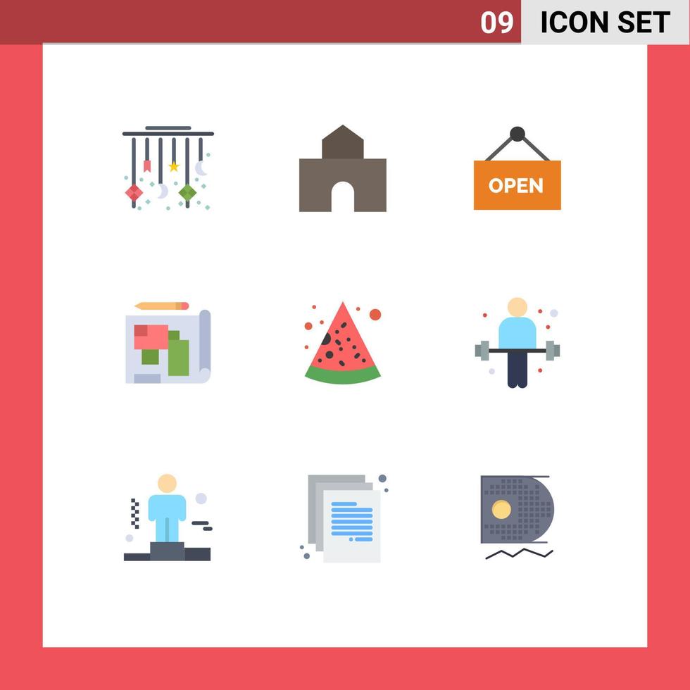 paquete de 9 signos y símbolos de colores planos modernos para medios de impresión web, como elementos de diseño de vectores editables de señal de plano de construcción de comida rápida