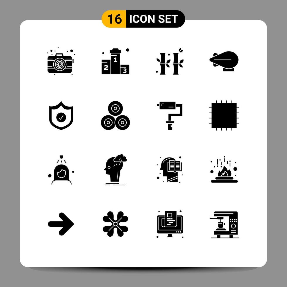 Group of 16 Modern Solid Glyphs Set for shield protection race zeppelin gree Editable Vector Design Elements