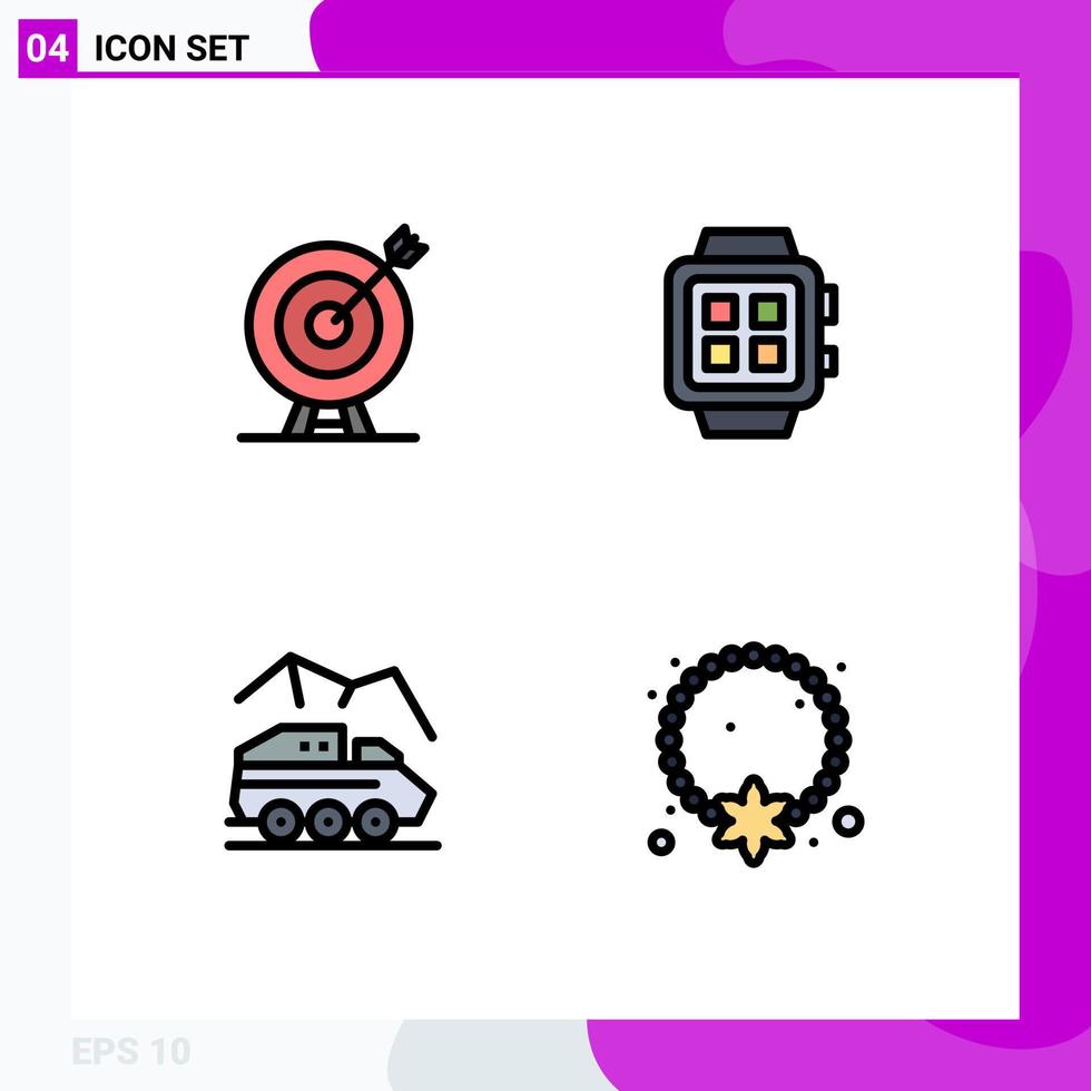 Editable Vector Line Pack of 4 Simple Filledline Flat Colors of target watch arrow home planet Editable Vector Design Elements
