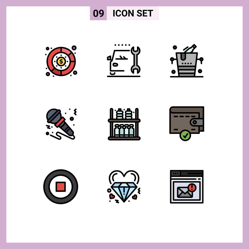 Editable Vector Line Pack of 9 Simple Filledline Flat Colors of furniture music bucket sound microphone Editable Vector Design Elements
