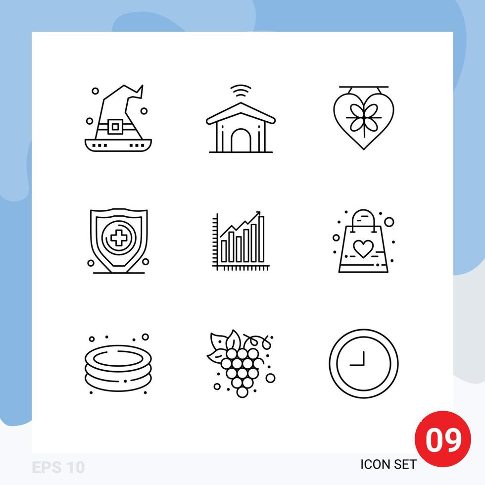 Set of 9 Vector Outlines on Grid for business graph board security insurance Editable Vector Design Elements