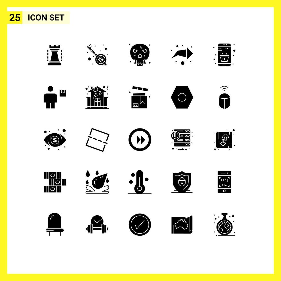 25 User Interface Solid Glyph Pack of modern Signs and Symbols of cart basket bones direction arrow Editable Vector Design Elements